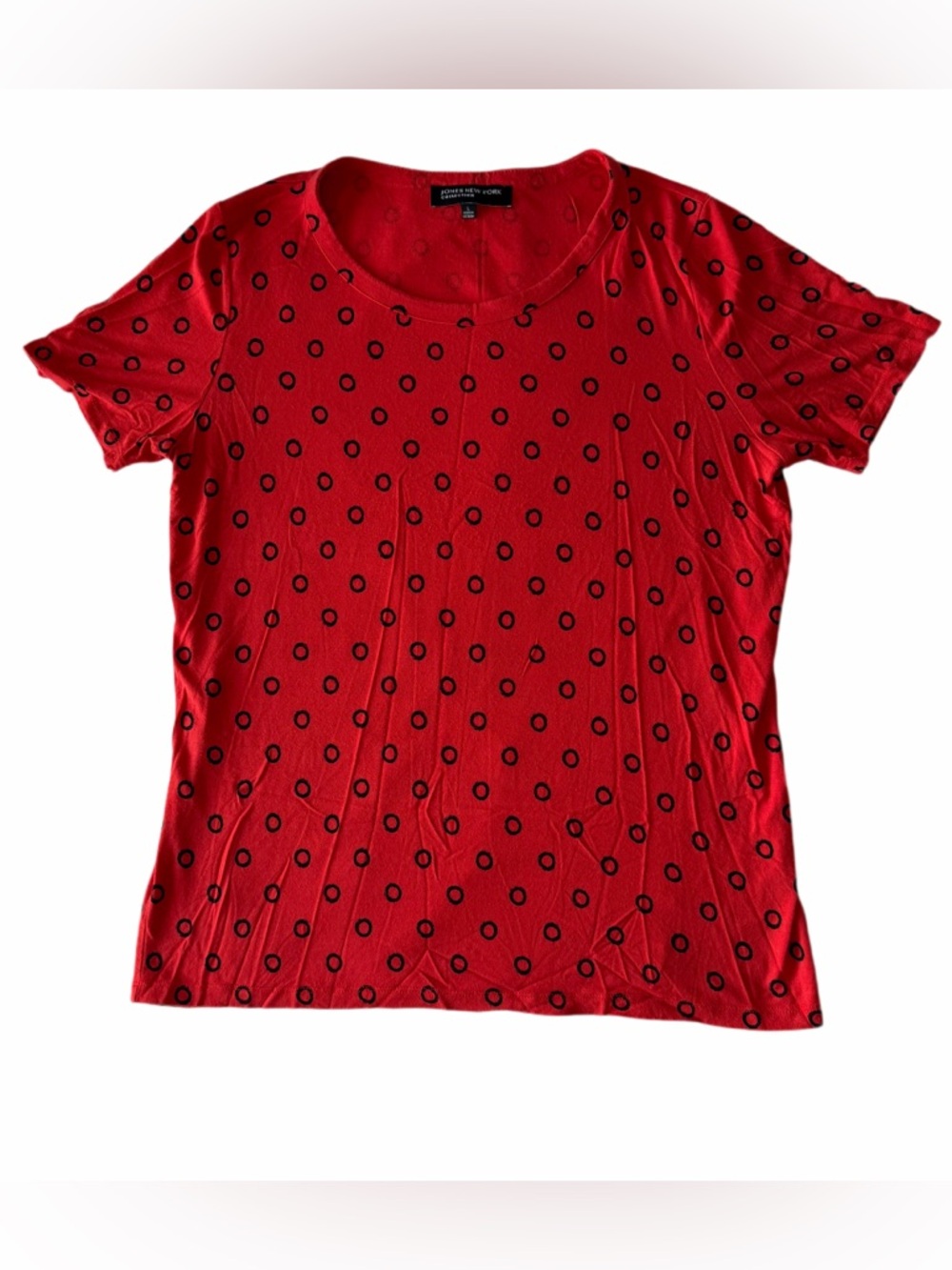 Jones New York Red Short Sleeve Top with Black Circle Print